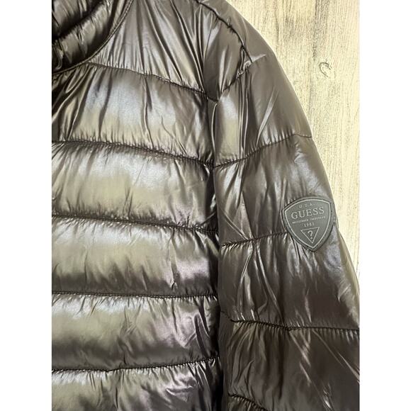 Guess Mens Puffer Jacket Size XL Shiny Black Lightweight Side Panels - Picture 7 of 10